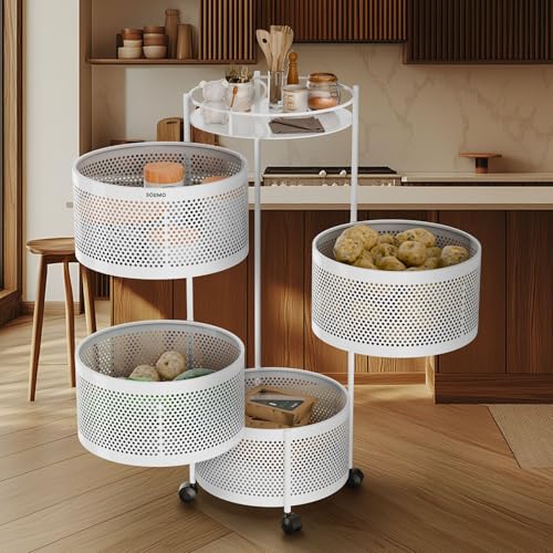 Image of Amazon Brand - Solimo 360 Revolving Preassembled Portable 4 Layer Round Multipurpose Storage Kitchen Rack Carbon Steel Fruit Vegetable & Spice Trolley with Wheels for Kitchen Organizer(Matte, White)