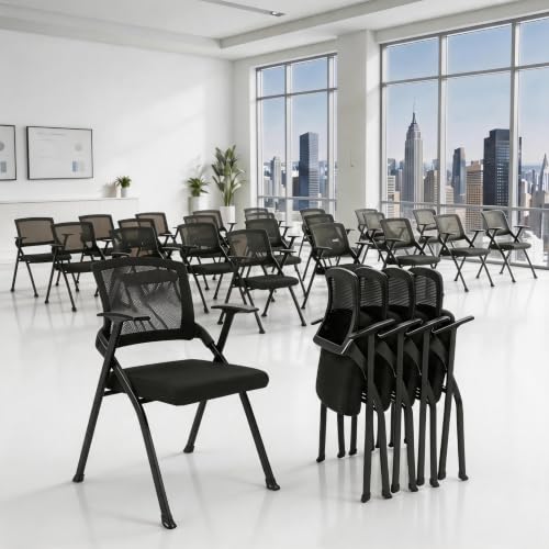 Image of Folding Office Chair Conference Room Chair with Armrest Mesh Back, Stackable Foldable Office Chair for Guest Reception Meeting Classroom Training Seminar,Black∰Basic,20