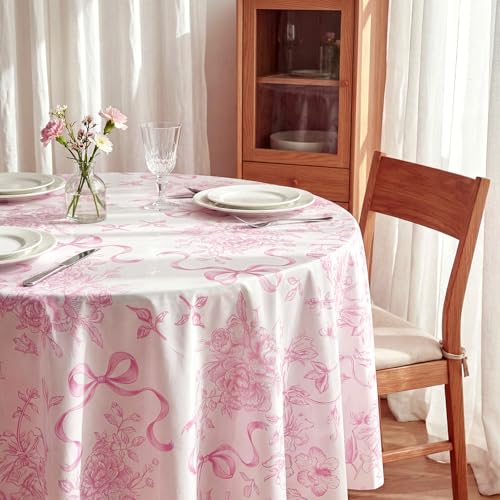 Image of Ganeen 6 Pcs Pink Bow Floral Tablecloths 84 Inch Plastic Round Table Covers Waterproof Coquette Birthday Party Decoration Pink Floral Table Covers for Women Bridal Baby Shower Bachelorette Party Decor