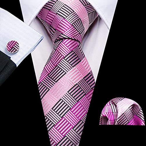 Image of YOHOWA Men Plaid /Striped Ties Set Silk Business Wedding Formal Fashion Necktie and Pocket Square Cufflinks Set