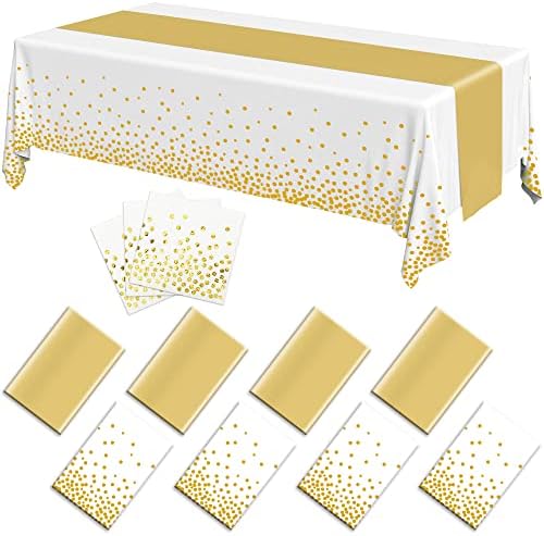 4 Pack Disposable Plastic Gold Tablecloths 54"X108" and 4 Pack Satin Table Runner 12"x 108" with 40 PCS Dinner Paper for Wedding Birthday Valentine’s Day Graduation Baby Shower Holiday