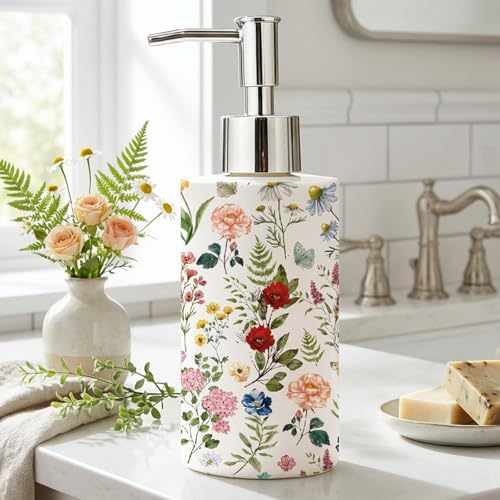 FYSUIMU Wildflower Soap Dispenser Vintage Floral Refillable Liquid Container with Pump Spring Flower Glass Dispenser for Bathroom Kitchen Countertop Decor