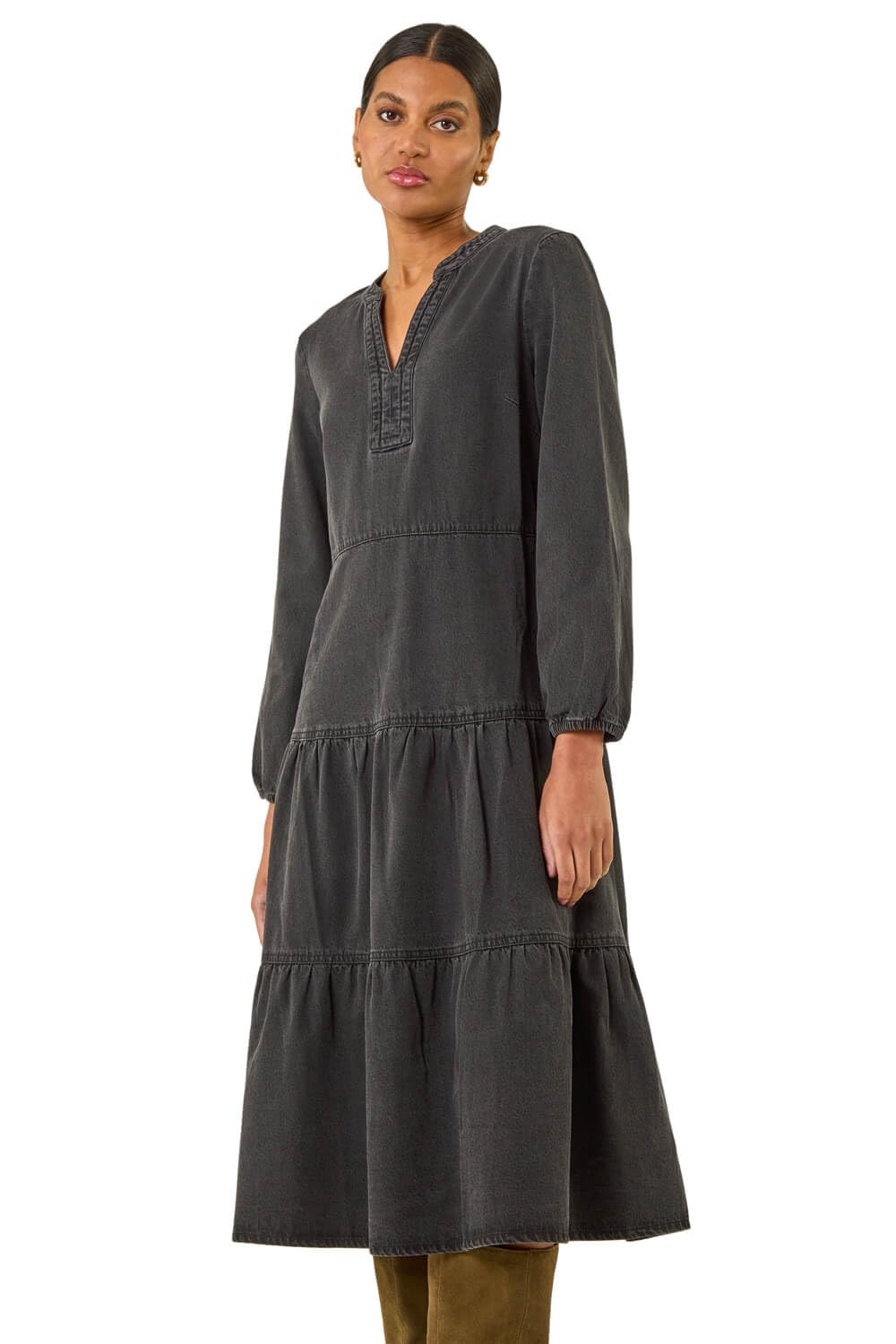 Roman Originals Women's Black Cotton Denim Tiered Midi Dress For Uk - Everyday Autumn Winter V-Neckline Comfy Soft Evening Vacation Work Party Night Out - Size 20