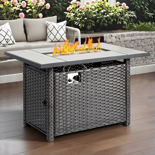 OVIOS 42 Inch Outdoor Patio Fire Pit Table, 50,000 BTU Heater PE Rattan Propane Firepits with Ceramic Tabletop, Waterproof Cover, Steel Lid and Lava Rock, Rectangular, Brown