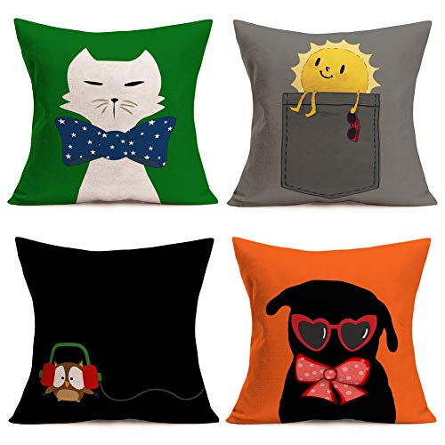Easternproject 4 Pack Cute Animals Throw Pillow Covers 18x18 Inch Cat Sun Owl Dog with Sunglasses Bowknot Headset Pillow Cases Cotton Linen Cartoon Home Children Room Decor Cushion Cover 18â€x18â€