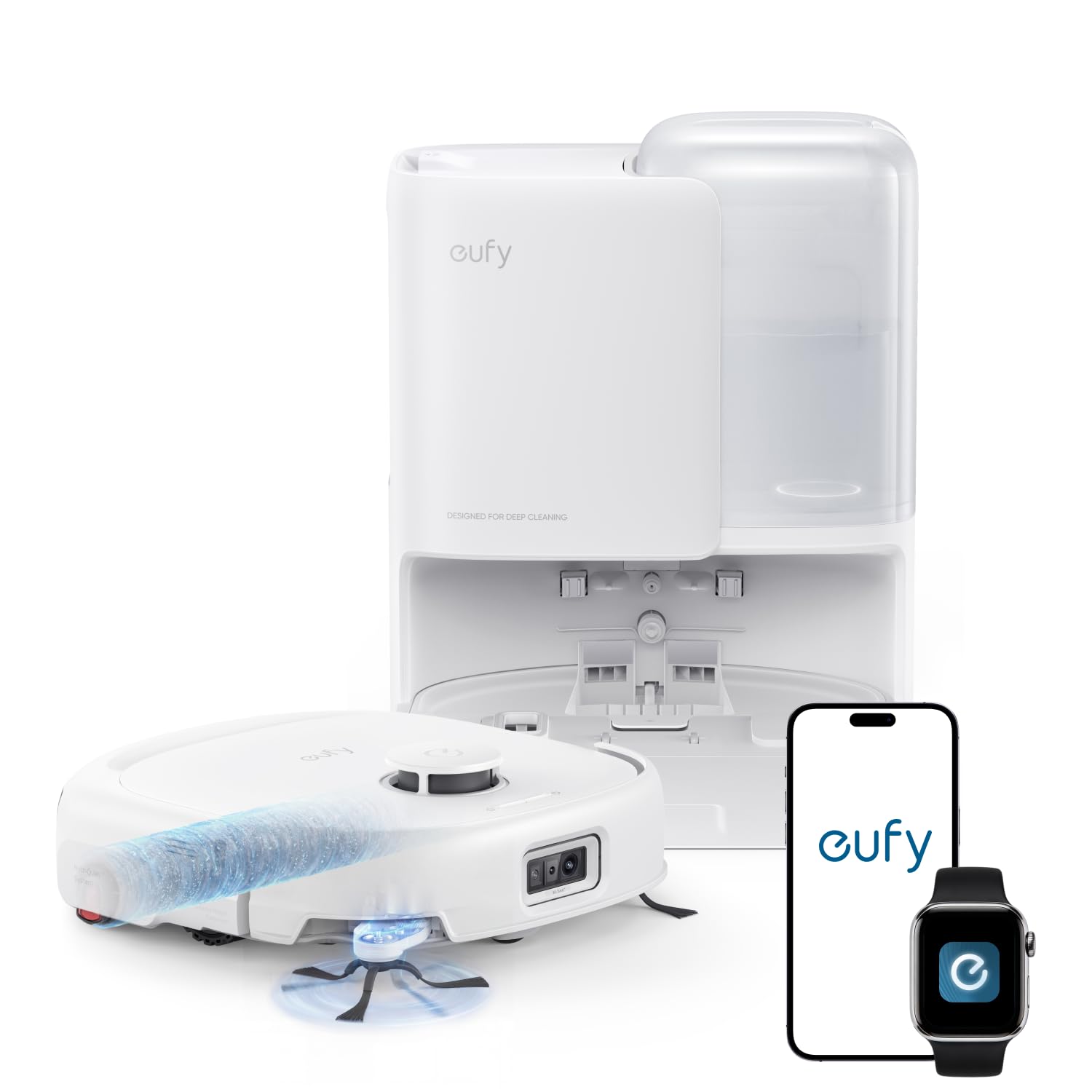 eufy E25 Robot Vacuum and Mop Combo, 20,000 Pa, HydroJet Roller Mop | Extendable Side Brush, All-in-One Station, AI Obstacle Avoidance, Zero-Tangle Design, Edge-to-Corner Cleaning, White