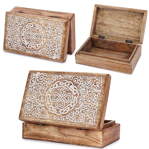 Ajuny Caja de Almacenamiento de Joyas Decorativa de Madera Tallada a mano con Diseño de Flores Organizador Multiusos para Guardar Collares Relojes Regalos 8x5 pulgadas