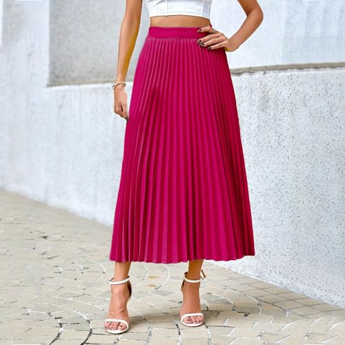 Women's Pleated Skirt Satin Flowy Swing A-Line Skirt Summer Casual Loose Solid High Waist Plus Size Midi Skirts4