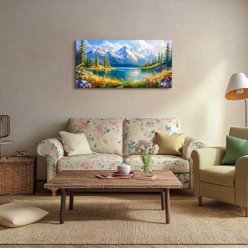 crmotu Spring Landscape Wall Art, Snow Mountain Lake Large Artwork, Colorful Meadow Wildflower Canvas Pictures, Nature Wilderness Paintings Wall Decor Living Room Bedroom Kitchen Farmhouse 24x48 Inch
