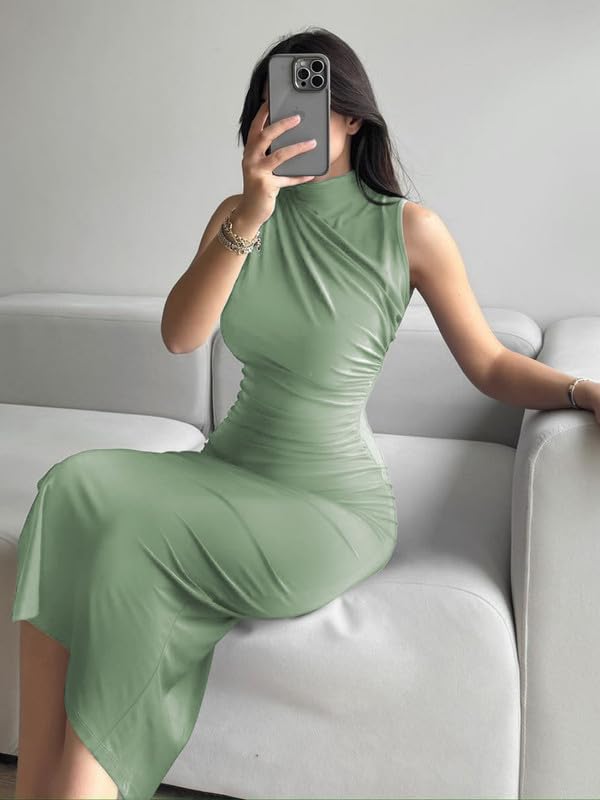 Vestido Mujer Sexy sin Mangas Cuello Alto Vestidos Largo Ajustado Elegante Maxi Vestido con Abertura Verano Cintura Alta Slim Fit Wrap Vestidos Fruncido de Fiesta Cóctel Noche Clubwear