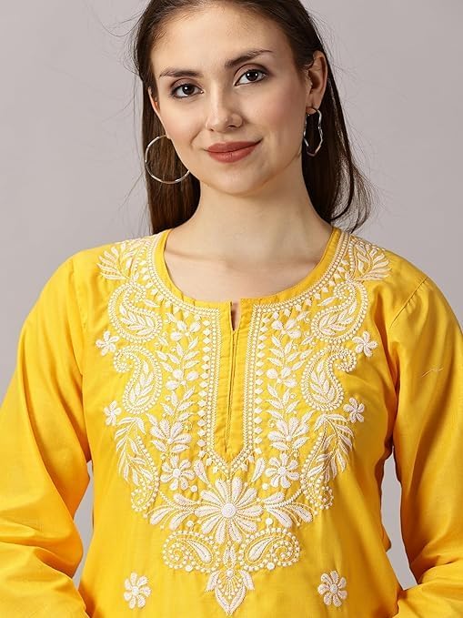 Image of FCH, Fashionable Chikan Handikraft Women's Cotton Lucknowi Chikankari Printed Straight Kurta for Regular Wear Girls Flared Kurta