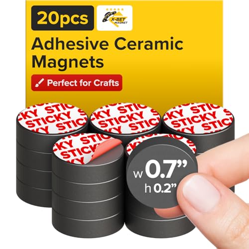 Image of Strong Ceramic Round Magnets with Adhesive Backing (0.7x0.2 /18x5mm, 20 pcs) - Heavy Duty Sticky Magnets, Non-Corrosive, Versatile for Home, Office, Workshop, Whiteboard, Fridge and Hobby Use