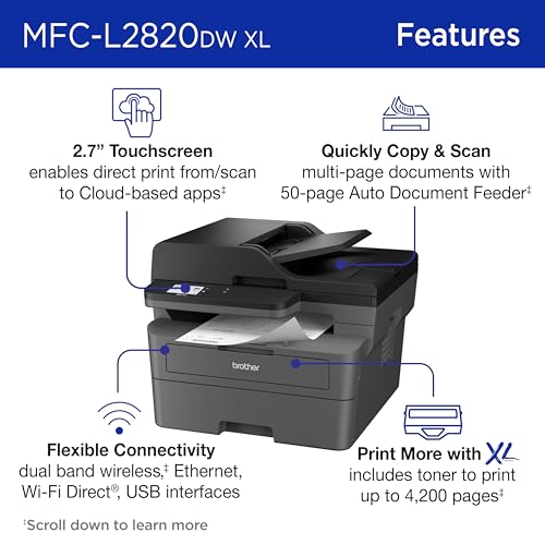Image of Brother MFC-L2820DW XL Wireless Compact Monochrome All-in-One Laser Printer with Copy, Scan and Fax, Duplex, Black & White | Up to 4,200 Pages of Toner Included(1), Works with Alexa