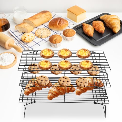 Carbon Steel 3 Tier Cooling Rack, Stackable No Stick Baking Cooking Cooling Racks for Cookies, Cakes and Baking Cooling