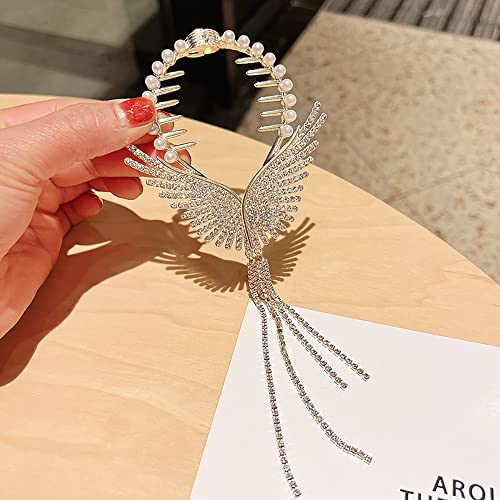 Myhiju Angel Wings Rhinestone Hair Clips,Gold Hair Barrettes Tassel Claw Clips Pearl Hair Styling Accessories Pill Head Hair Accessories High Ponytail Coiled Hair Pins Shiny Hair Accessories For Girls #TOP3