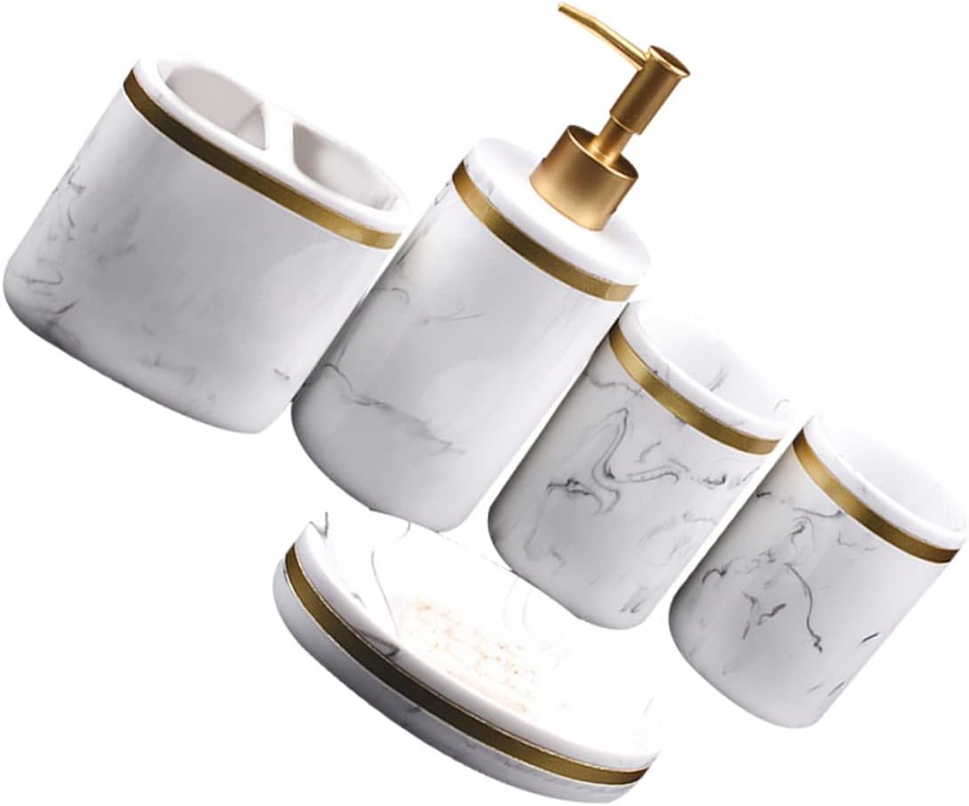 5pcs Bathroom Accessory Set Marble Wash Set Brushing Cups Toothbrush Holder Soap Dish Hand Bottle Grey