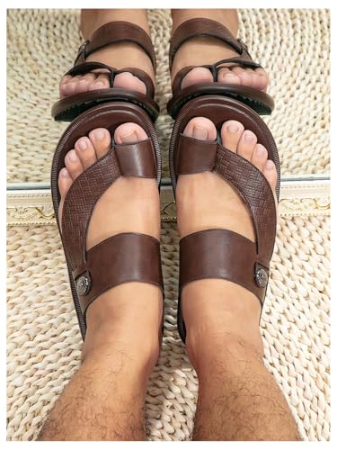 GORGLITTER Men's Beach Leather Double Band Studded Sandals Toe Post Flat Shoes Pu Slide Slippers2