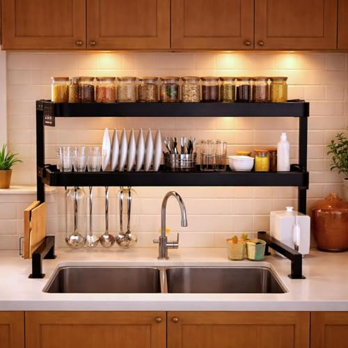 Image of Stainless Steel Over-the-Sink Dish Drying Rack | 2-Tier Space-Saving Bartan Stand | Anti-Rust Utensil Drainer with Cutlery Holder & Tray