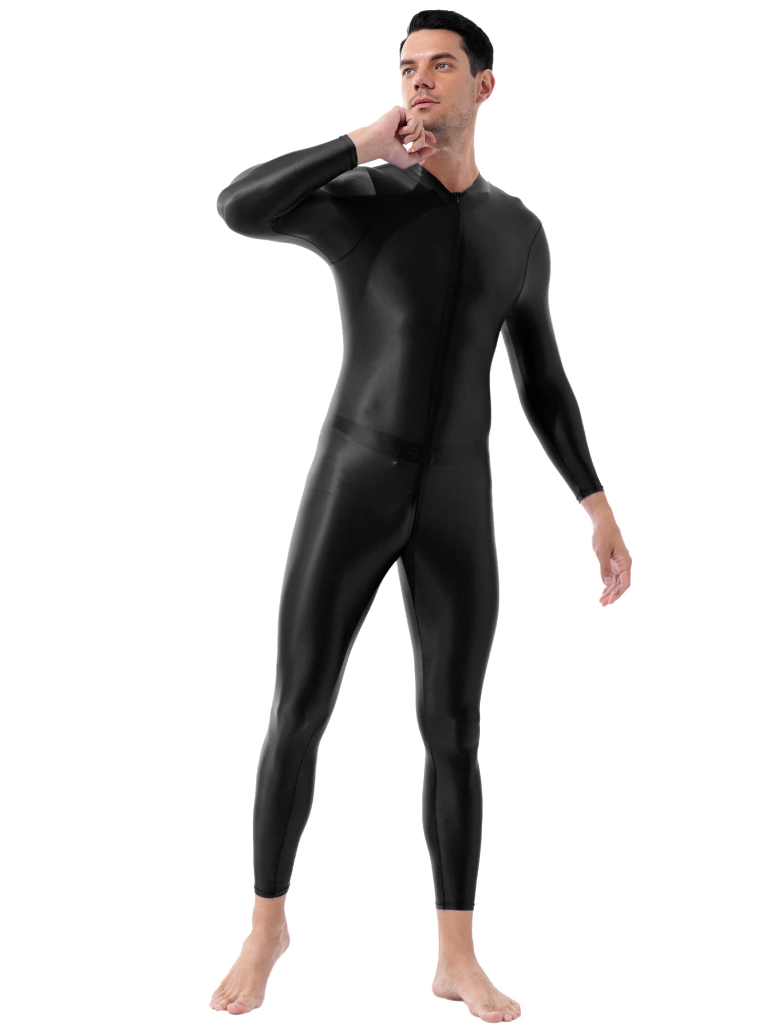 Agoky Body Uomo Metallico Lucido Bodystocking Catsuit Tuta Intera Bodysuit Manica Lunga Leggings con Cerniera Jumpsuit Biancheria Intima Monopezzo Body da Ginnastica Nero Taglia unica