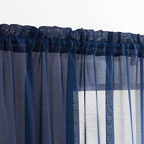 Image of MYSTIC-HOME Sheer Curtains Navy Blue 45 Inches, Rod Pocket Voile Drapes for Living Room, Bedroom, Window Treatments Semi Crinkle Curtain Panels for Yard, Patio, Villa, Parlor, Set of 2, 52 inchx 45 inch.