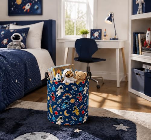 Image of MAIZMZ Kids Storage Bin Astronaut Space Hamper,15.7 inch D x 19.7 inch H Waterproof Linen Laundry Basket with Leather Handles for Boys Room, Gifts