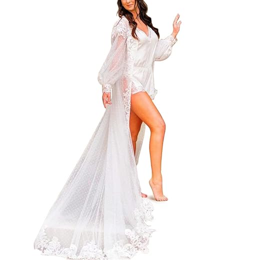 BATHGOWN Women's Tulle Long Robe with Lace Trim, Elegant White Sheer Nightgown for Bridal Photo Shoot 2 BATHGOWN Women's Tulle Long Robe with Lace Trim, Elegant White Sheer Nightgown for Bridal Photo Shoot