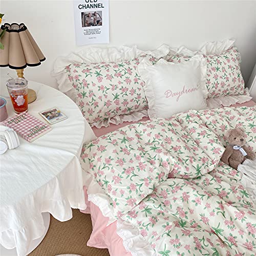 Image of VM VOUGEMARKET Girls Ruffle Bedding Set Twin XL 3 Pieces Pink Flower Duvet Cover Set with Lace Edge-100% Cotton Elegant Princess Style Comforter Cover-68x90 Inch