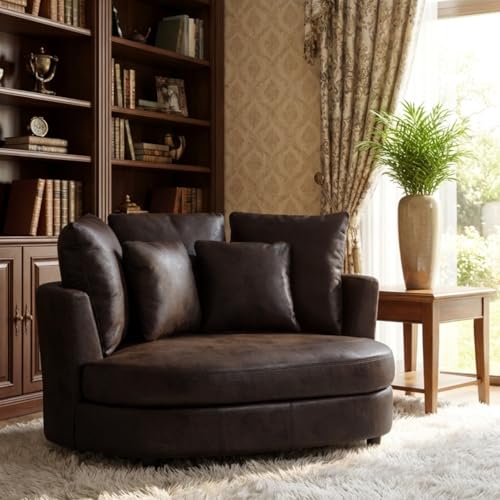 Aortzio 54.9W Oversized Accent Barrel Chair Upholstered Faux Leather Comfy Couch Sofa with 5 Pillows for Bedroom Living Room Apartment Studio Brown.