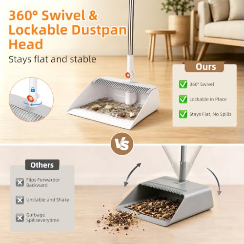 Image of Broom with Dustpan Combo Set, 53 inch Long Handle, Includes 2 Broom Heads | Collapsible Broom and Dustpan Set, 180 Swivel Broom Head, 360 Lockable Dustpan, Built-in Hair Comb