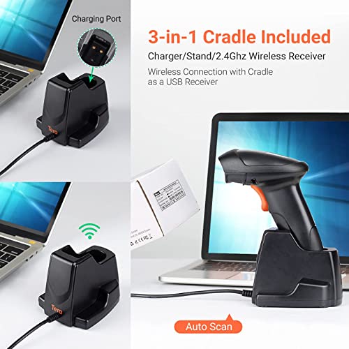 Image of Tera 1D Wireless Barcode Scanner USB Cradle Charging Base Handheld Laser Bar Code Reader 1D Automatic Sensing Fast and Precise Scanner 6100