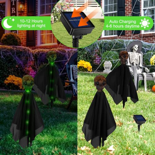 4 Pack Halloween Decorations Outdoor Solar Garden Lights, Solar Creepy Skull Path Lights, IP65 Waterproof 8 Modes Green Halloween Solar Lights Outdoor for Yard, Grave, House, Halloween Party - image 4