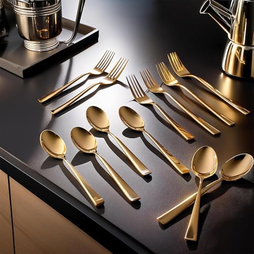 Frenchware Set of 12 Stainless Steel 6 Dinner Fork, 6 Spoons Sets, PVD Gold | 100% Food Grade, Non Toxic, Anti-Rust, Dishwasher Safe, Perfect for Gift