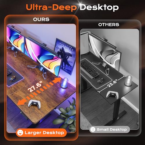 Image of Huuger 63 x 28 Large Electric Standing Desk, Height Adjustable Computer Desk, 27.6 inch Deep Desktop, Stand up Gaming Office Table with 2 Hooks, 3 Preset Heights, for Home Office, Rustic Brown