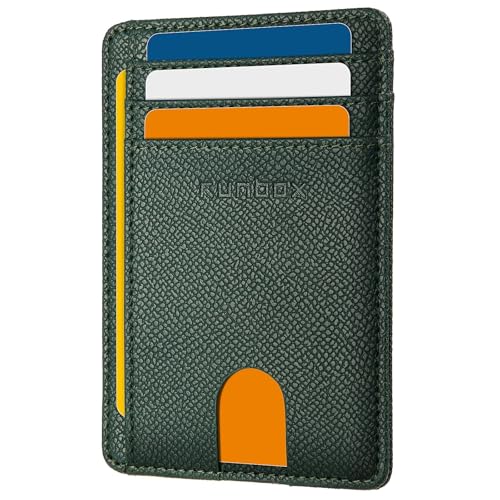 RUNBOX Carteira masculina fina de couro minimalista com bloqueio de RFID, bolso frontal, caixa de presente, HERM NEW-Palm Lines Verde, Minimalista