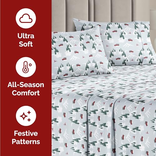 Full Christmas Pickup Trucks Sheet Set - Holiday Xmas Pattern Bedding Set - Deep Pockets - Snug Fit - 4 Piece - Wrinkle Free - Cozy Cooling Festive Winter - Holiday Sheets for Women, Men, Kids & Teens