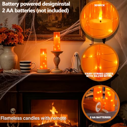 Image of Sasigeiaa Flameless Candles with Embedded Star String - Battery Operated LED Candles, with Remote,7 Orange Flickering Candles for Christmas, Weddings, Home Decor & Party,(D 2.3 inchxH 5 inch 6 inch 7 inch)