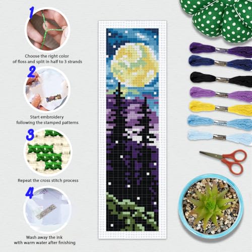 Image of BEUNITONE 6 Pcs Landscape Bookmarks Cross Stitch Kits for Adults Beginner Scenery Cross Stitch Bookmark Kit Aurora Needlepoint Bookmark Kit Stamped DIY Embroidery Kit with Instructions 2.4x8 in