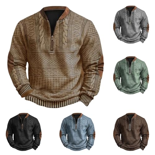 Sweatshirts for Men Quarter Zip Pullover Sweatshirt Vintage Knit Print Graphic Shirt Fashion Trendy Coat with Elbow Patch3
