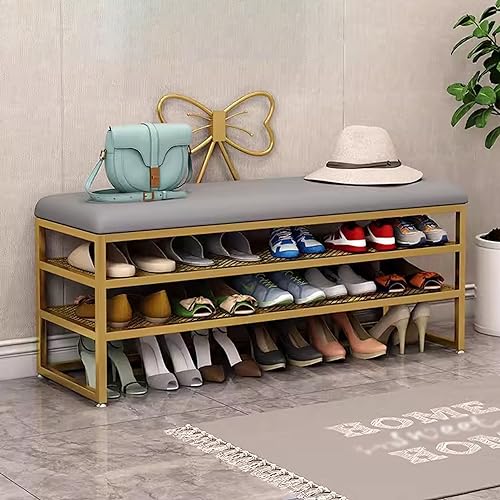 Banc à chaussures en métal à 3 niveaux avec coussin confortable pour entrée et salon