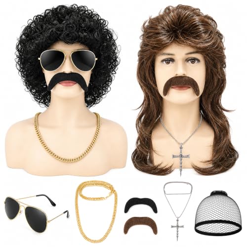 JATEBI 80s Retro Wig for Men, 2 Set Black Brown Curly Mullet Wig
