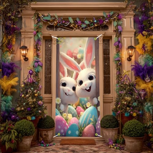 Image of Easter Door Cover 35.43 x 70.87 Inch Two Cute Bunnies Peeking from Wooden Frame with Colorful Eggs Spring Flowers and Soft Lighting Ideal for Holiday Door Decoration and Seasonal Display