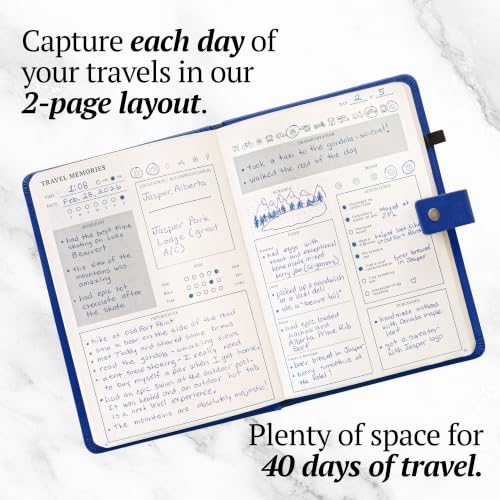Image of Travel Journal with Prompts (Hardcover) 2nd Edition - Vegan Leather Adventure Essential - 2-Page-A-Day Travel Journal (40 Days) for Women Men Nonbinary - A5 Daily Diary & Traveler Notebook - Gift - Present - Royal Blue