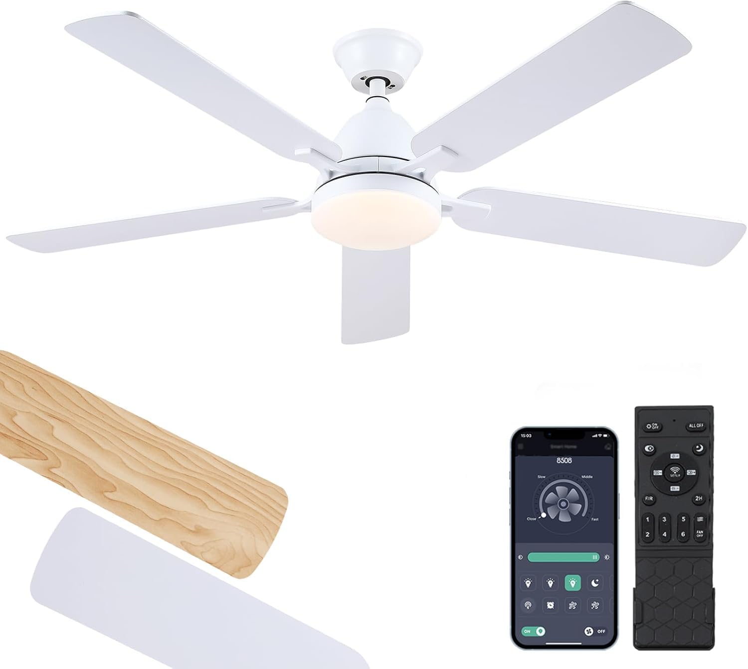 Ventilador de techo con luz, ventilador de techo de 132 cm de perfil bajo-ventilador de techo de montaje empotrado y mando a distancia APP de techo blanco para dormitorio interior