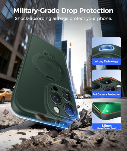 Image of FNTCASE for iPhone 13 Pro-Max Case: [360 Spin Magnetic Stand] [Compatible with Magsafe] [Screen Protector] Translucent Matte Military Grade Shockproof Full Camera Protective Phone Cover - Green