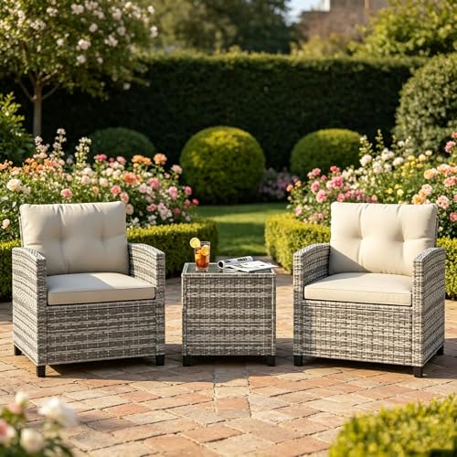 3 Piece Rattan Patio Furniture Set, Outdoor Wicker Chairs with Side Table, All-Weather Conversation Set for Balcony, Porch or Backyard, Gray Gradient Wicker with Beige Cushions by IDEALHOUSE - Used condition - CA$241.79