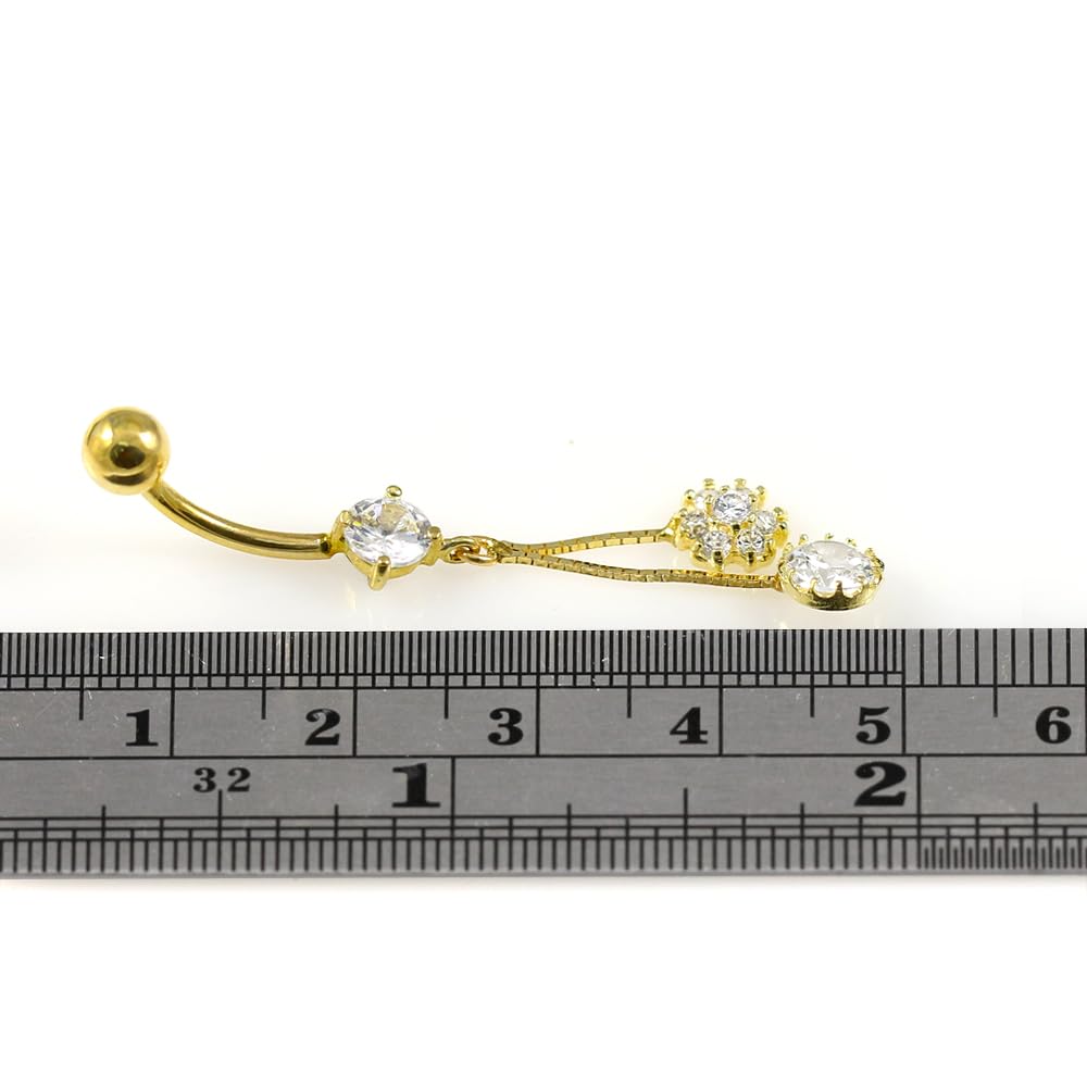 Piercing para ombligo de oro amarillo macizo de 14 quilates con circonita cúbica y colgante redondo en caja, joyería para ombligo de 14 quilates, calibre 14, 14 Gauge - 12mm Length,