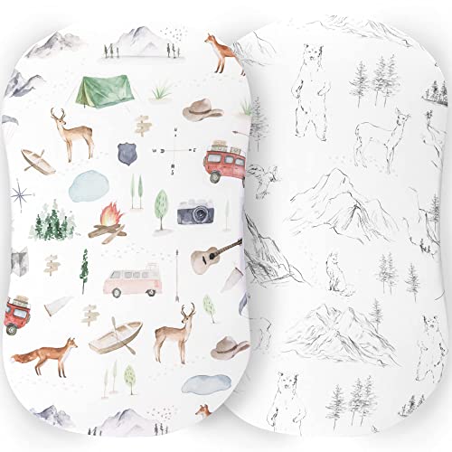 Image of Pobibaby - 2 Pack Premium Bassinet Sheets for Standard Bassinets - Ultra-Soft Cotton Blend, Stylish Woodland Pattern, Safe and Snug for Baby (Explore)