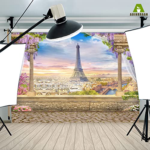 Aoihrraan 3x2m Eiffel Tower Backdrop Wisteria Flowers Paris City View European Famous Building Photography Background Wedding Bridal Shower Party Vacation Travel Decoration Photo Studio Props - Image 4