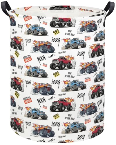 Image of Baby Laundry Basket Kids Hamper Toy Storage Bin for Boys Room Decor Baby Nursery Hamper Gift Baskets for Bedroom Bathroom(Monster Truck)