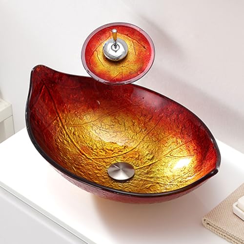 Fregadero de baño y grifo de cascada, vidrio templado con forma de hojas sobre el mostrador con juego de drenaje desplegable